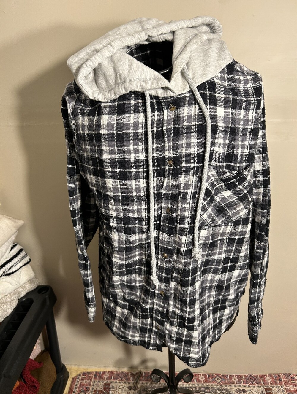 size large womens shirt   flannel hoodie black white button gorpcore